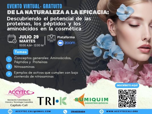 Te invitamos a participar en una sesión especializada donde exploraremos los beneficios de proteínas, péptidos y aminoácidos en formulaciones cosméticas. Aprende de la mano de expertos internacionales como Dr. Sung Bin Shin y Uriel Plata quienes compartirán su conocimiento y experiencia en estos temas. No pierdas la oportunidad de actualizarte con las últimas tendencias científicas en cosmética.